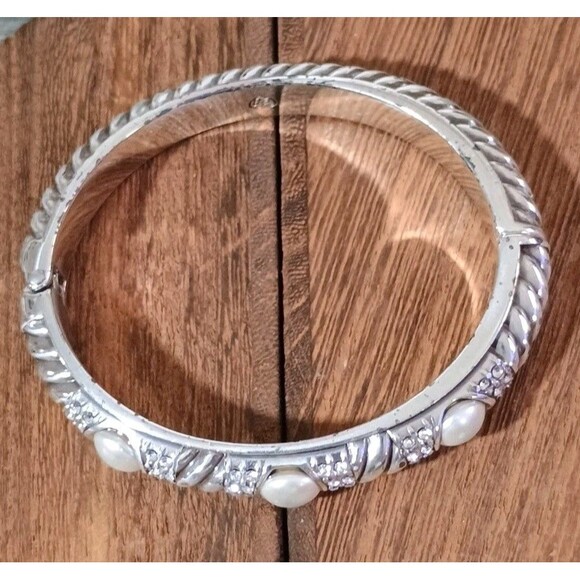 Brighton Faux Pearl Magic Rhinestone Hinged Bangle Bracelet - Picture 3 of 6